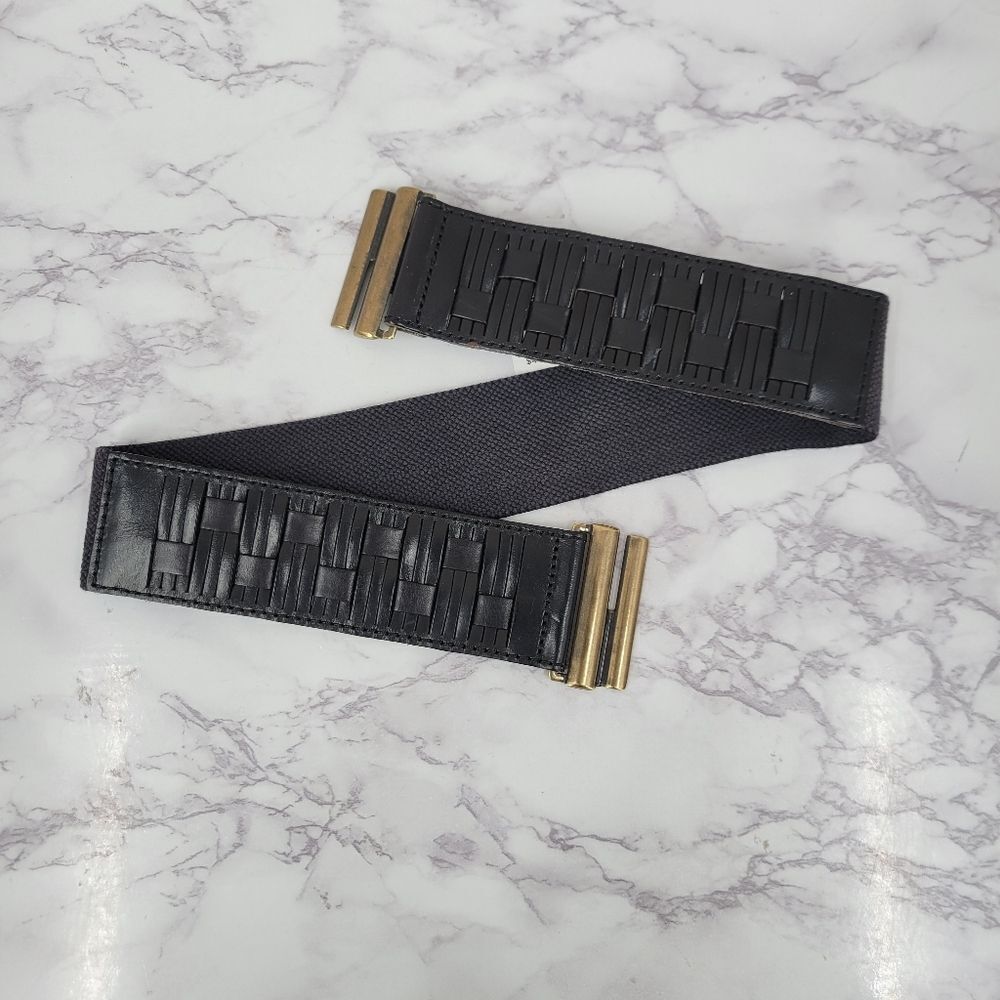 Fossil Black Leather Basket Weave and Elastic Stretch Belt with Gold Tone Buckle